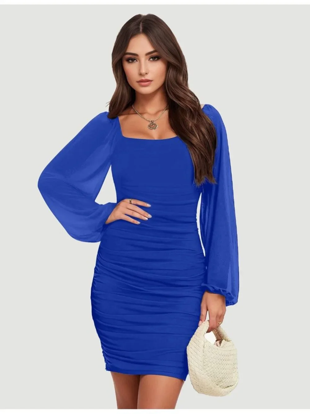 👗Women's Royal Blue Long Sleeve Square Neck Ruched Party Cocktail Bodycon Dress